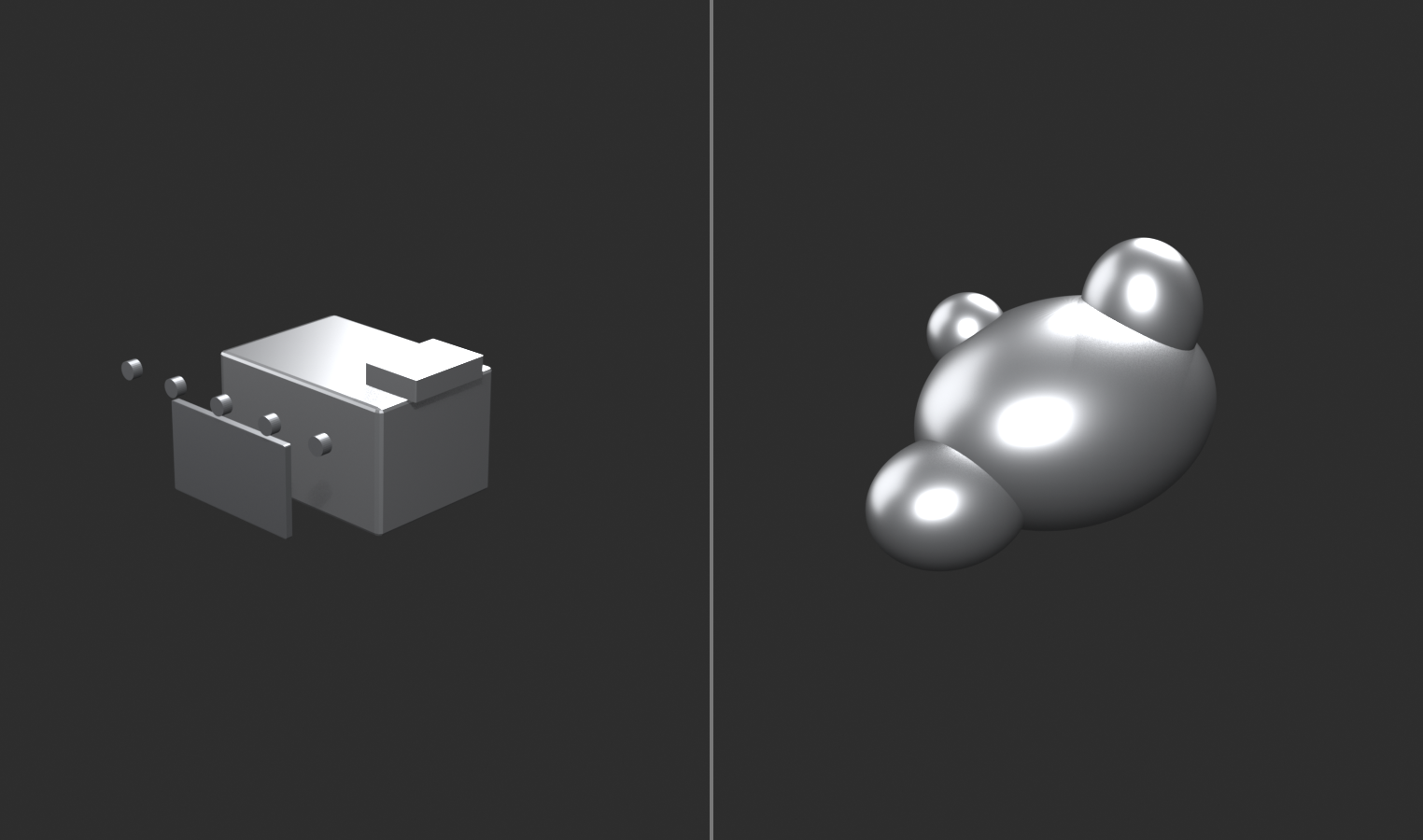 Side-by-side comparison: a hard-surface paneled block with beveled edges, a raised front panel, a bolt row and a small greeble box on the left, versus a smooth organic blob of merged rounded forms on the right, on a dark studio background.
