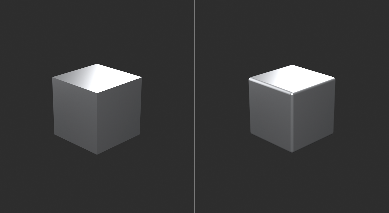Cube without bevel beside cube with bevel modifier applied
