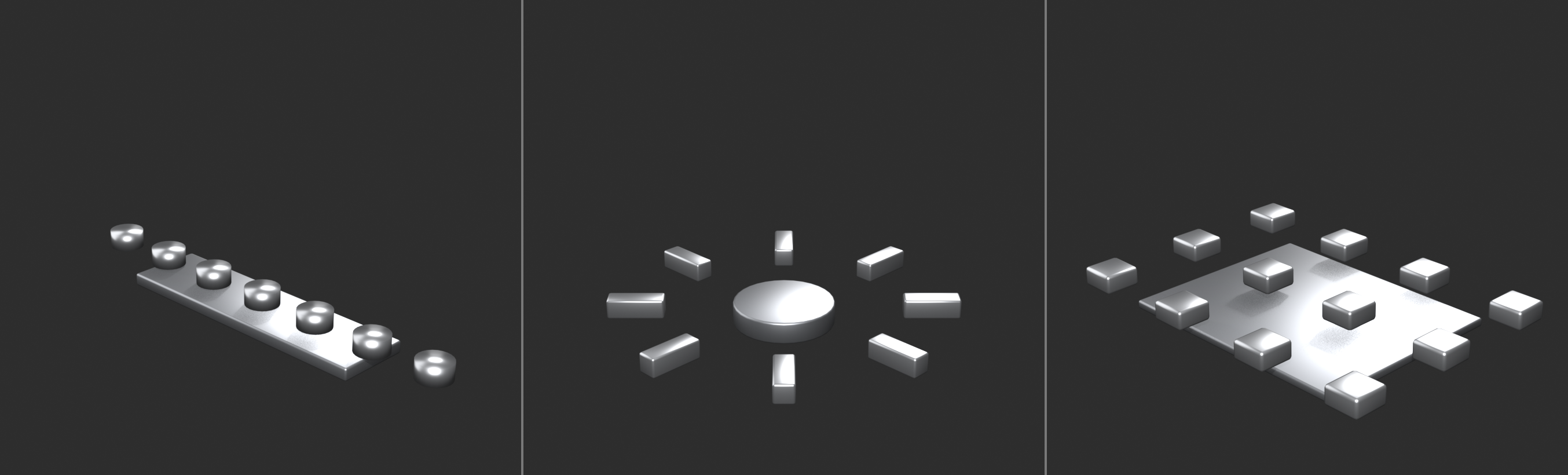 Three array modifier examples: linear, circular, and 2D grid