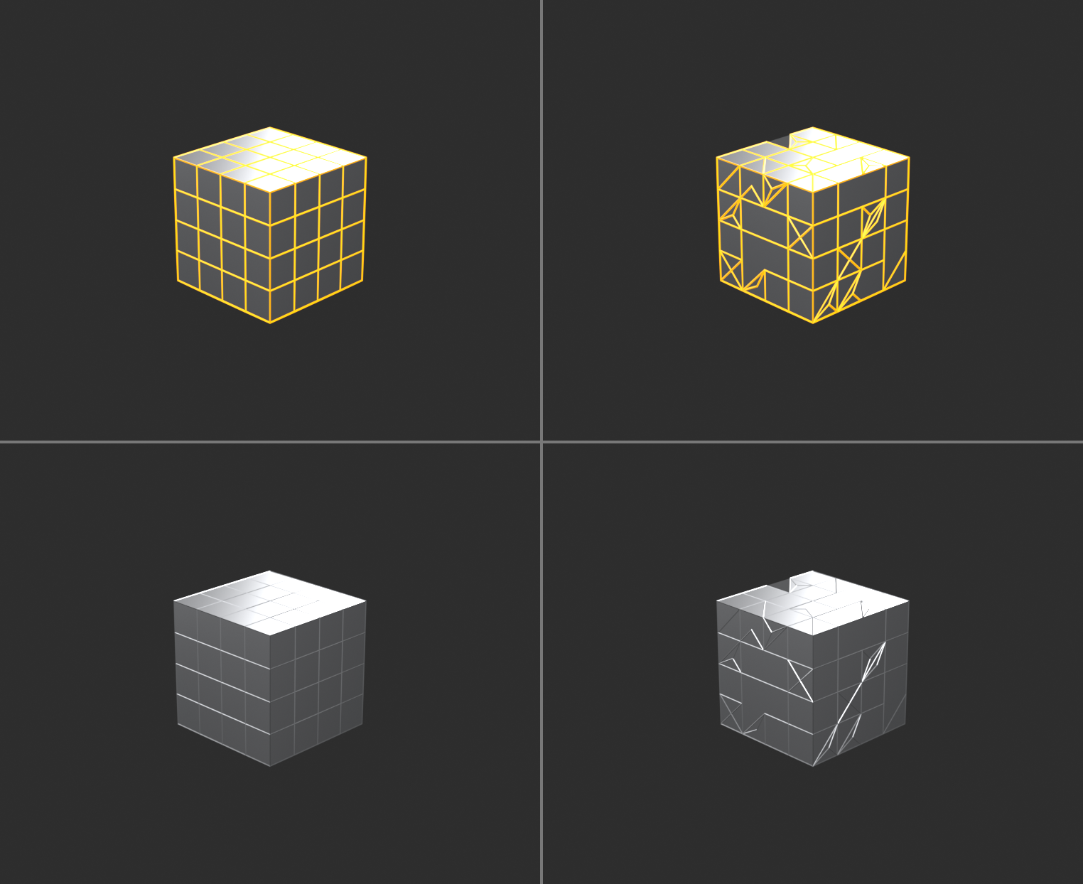 Clean quad topology versus messy triangle and ngon topology, shown as cage and subdivision surface result