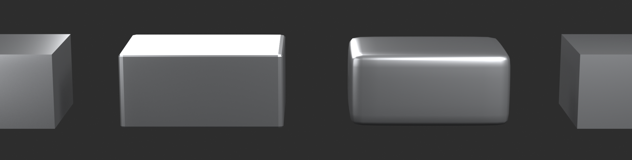 Phase 1 base form workflow: a scaled cube, support loops added with bevel, a subdivision surface result, and a mirror setup, left to right on a dark studio background.