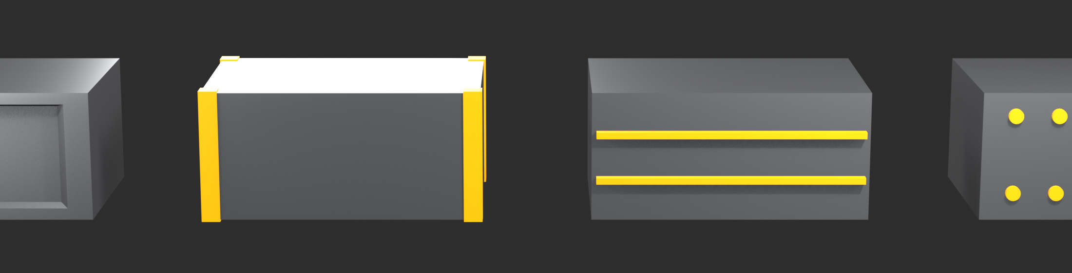 Phase 2 panel details: a front inset, corner reinforcement plates, boolean panel lines, and a bolt array, left to right on a dark studio background.