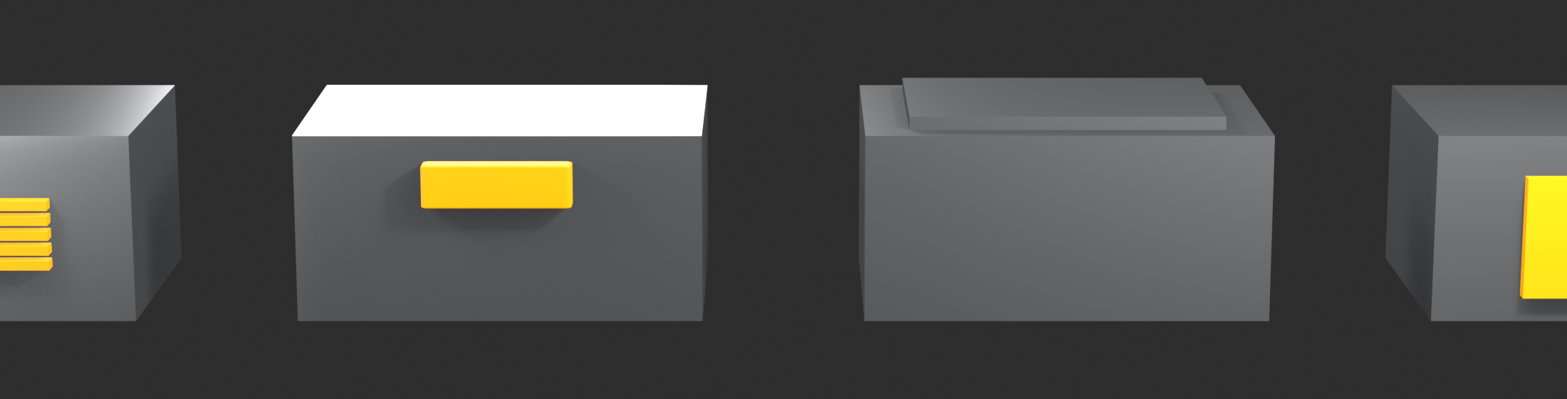 Phase 3 functional details: vent grilles, a recessed handle, a top access hatch, and a recessed label area, left to right on a dark studio background.