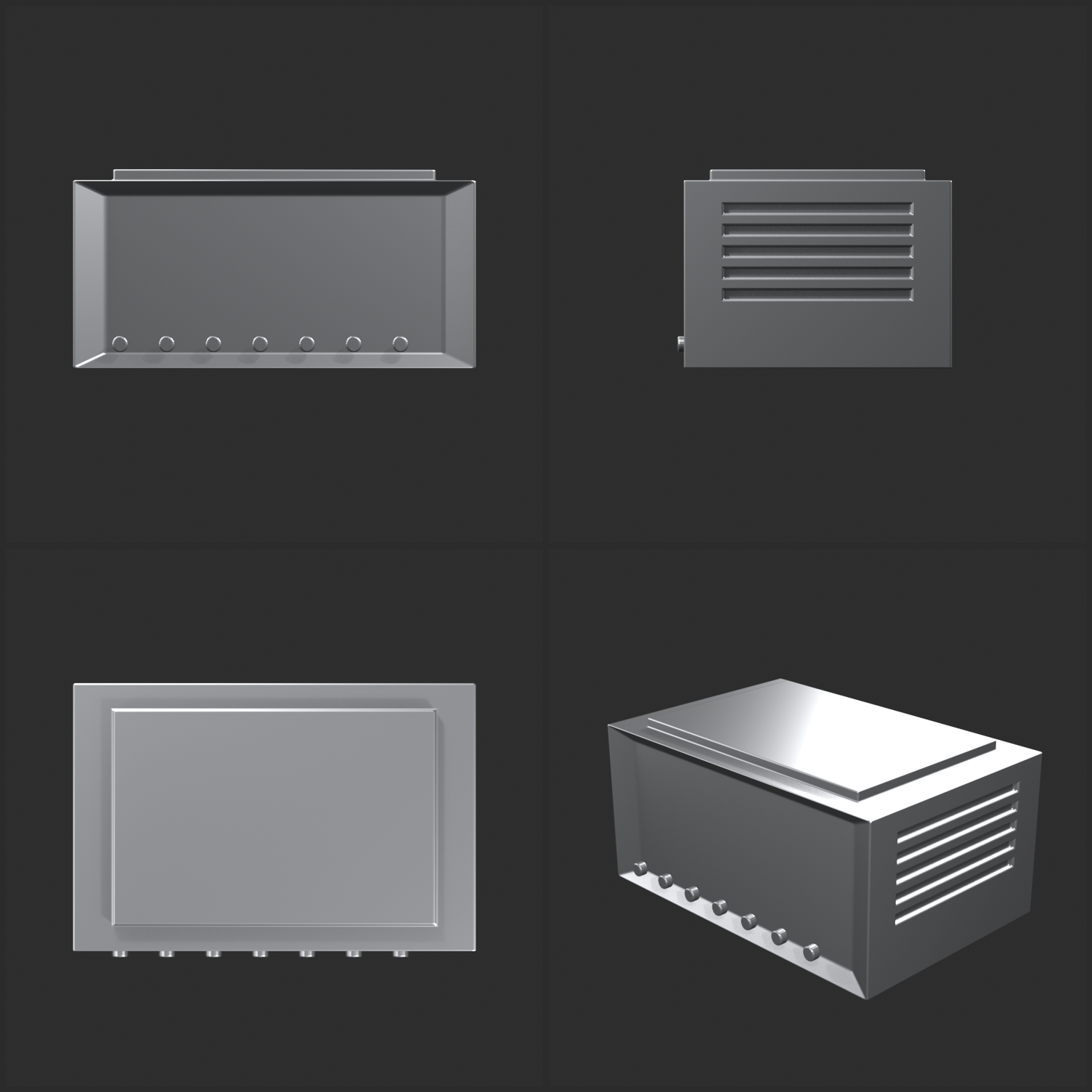 Final hard-surface container shown from four angles: front, side with vent grilles, top, and a three-quarter perspective view, on a dark studio background.