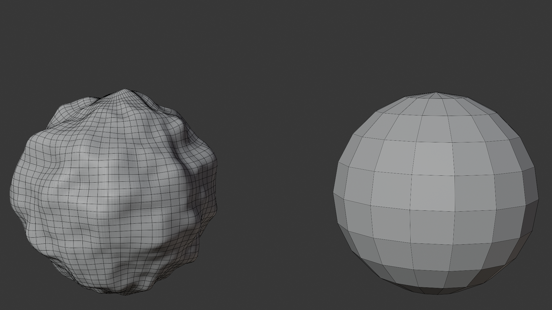Side by side spheres: a dense high-poly sculpt on the left versus a clean low-poly quad retopo mesh on the right, both holding the same overall form.