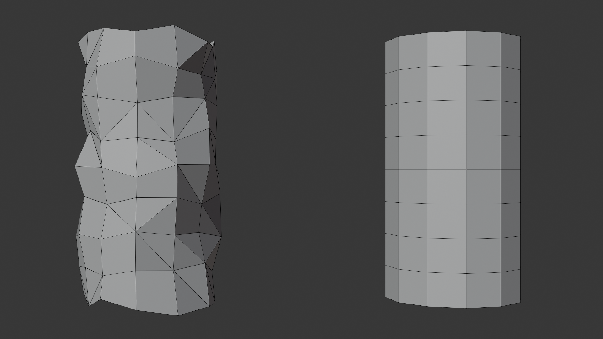 Side-by-side comparison of two retopologized limb meshes: the left mesh has chaotic, jittered triangulation with uneven faces (bad topology); the right mesh has clean, evenly spaced quad rows following the form (good topology).