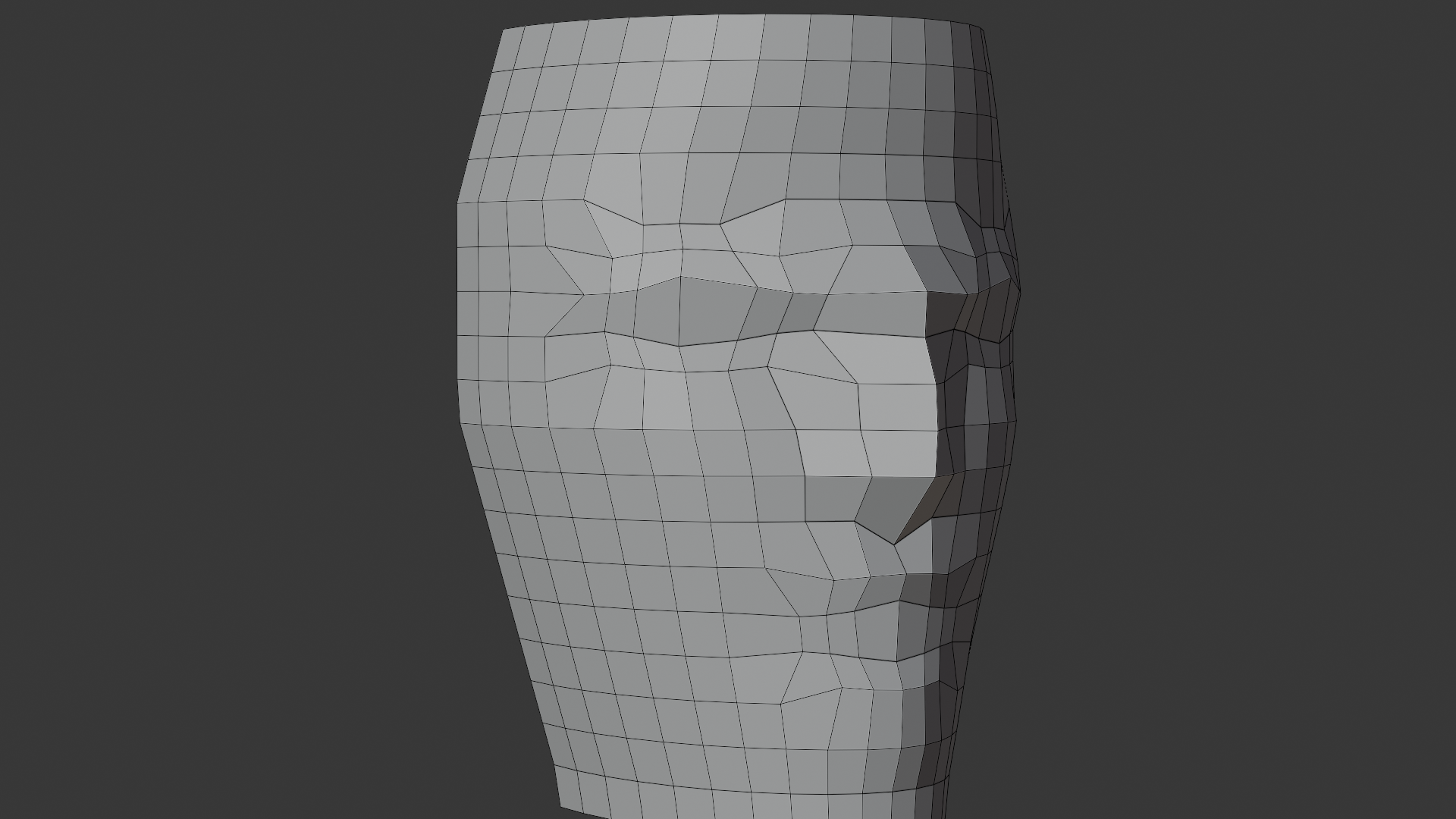 Three-quarter view of a low-poly head base mesh showing facial edge flow: concentric quad loops ring the eye socket, vertical loops follow the nose ridge, and a loop band wraps the mouth.