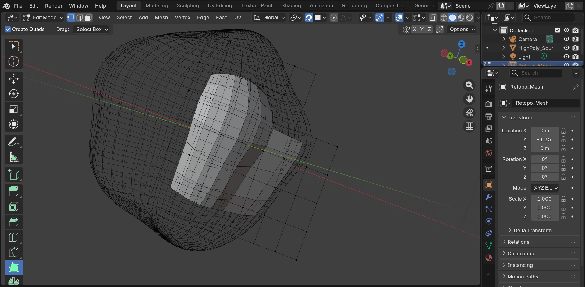Blender in Edit Mode with the Poly Build tool active in the toolbar, its Create Quads option enabled in the header, and a low-poly retopo cage being built in solid shading over the high-poly wireframe source mesh.
