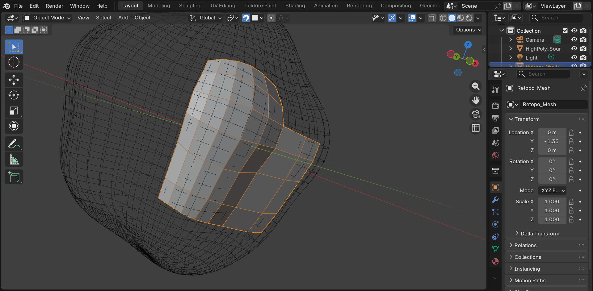 Blender viewport configured for manual retopology: the high-poly source mesh is displayed as a dark wireframe shell and set unselectable, while a new low-poly retopo cage (orange outline, solid shaded) is built over its surface, with the snap-to-face magnet enabled in the header.