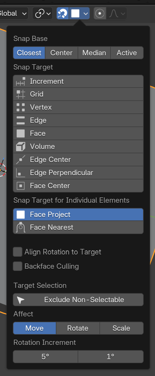 Blender's snapping dropdown popover opened in the 3D viewport header, showing Snap Base set to Closest, the Snap Target list with Face available, and Face Project enabled under Snap Target for Individual Elements: the configuration used for manual retopology.