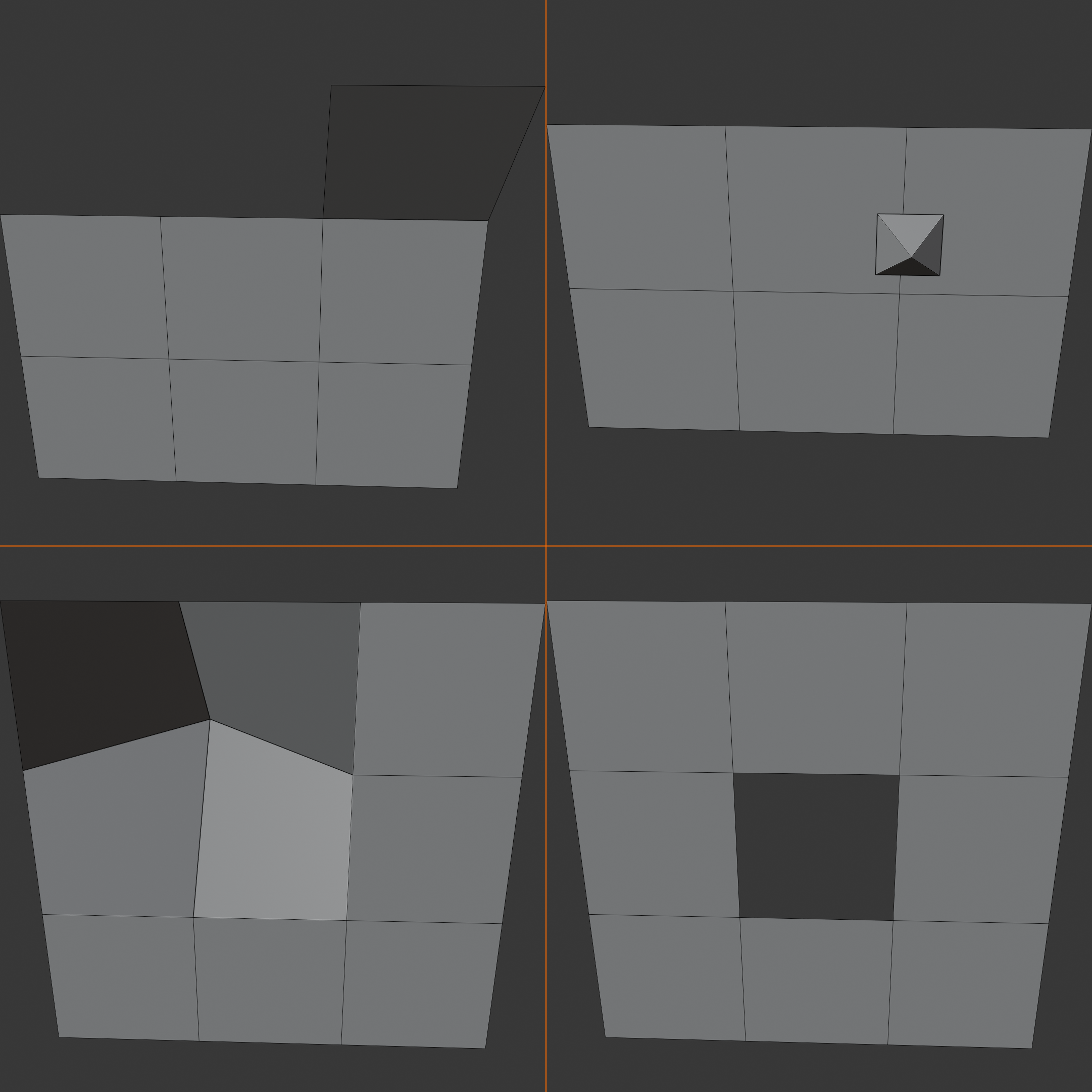 Four-panel grid demonstrating the core Poly Build operations: extruding a new quad proud of the grid, placing a single vertex, moving an interior vertex off-plane to deform the surrounding quads, and deleting a face to leave a hole.