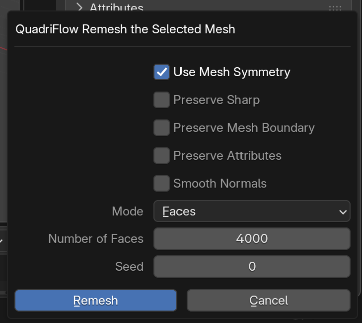 Blender's QuadriFlow Remesh operator dialog, launched from the Object Data Properties Remesh panel, with Use Mesh Symmetry enabled, Mode set to Faces, Number of Faces 4000, and the Remesh button highlighted.