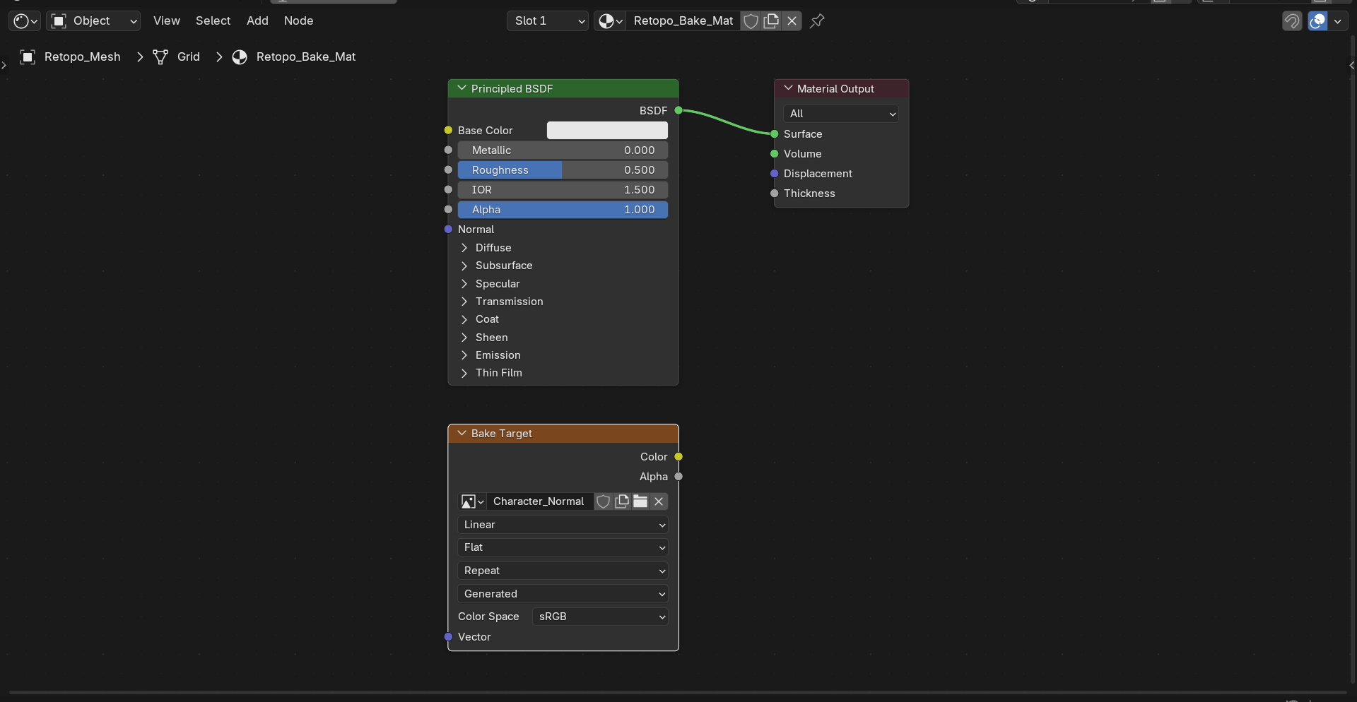 Shader Editor showing the low-poly material with a Principled BSDF connected to Material Output, plus an added Image Texture node named Character_Normal that is selected and active as the bake target.