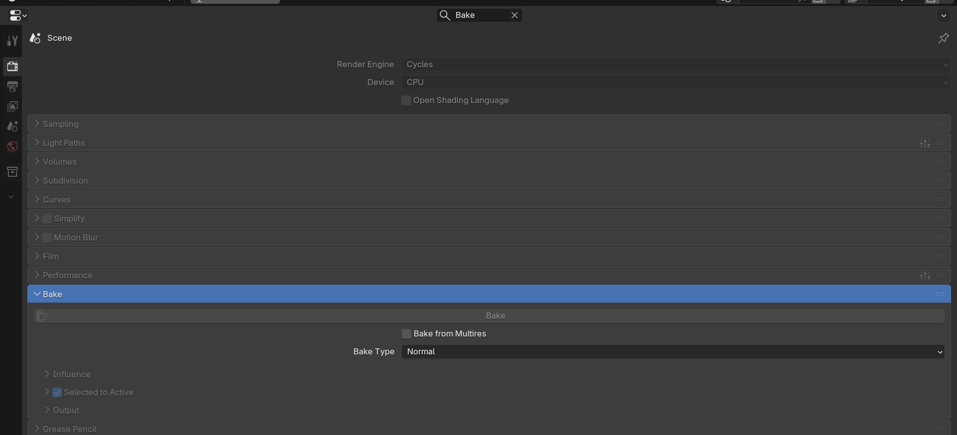 Render Properties panel under Cycles with the Bake panel expanded, Bake Type set to Normal, and the Selected to Active checkbox enabled.