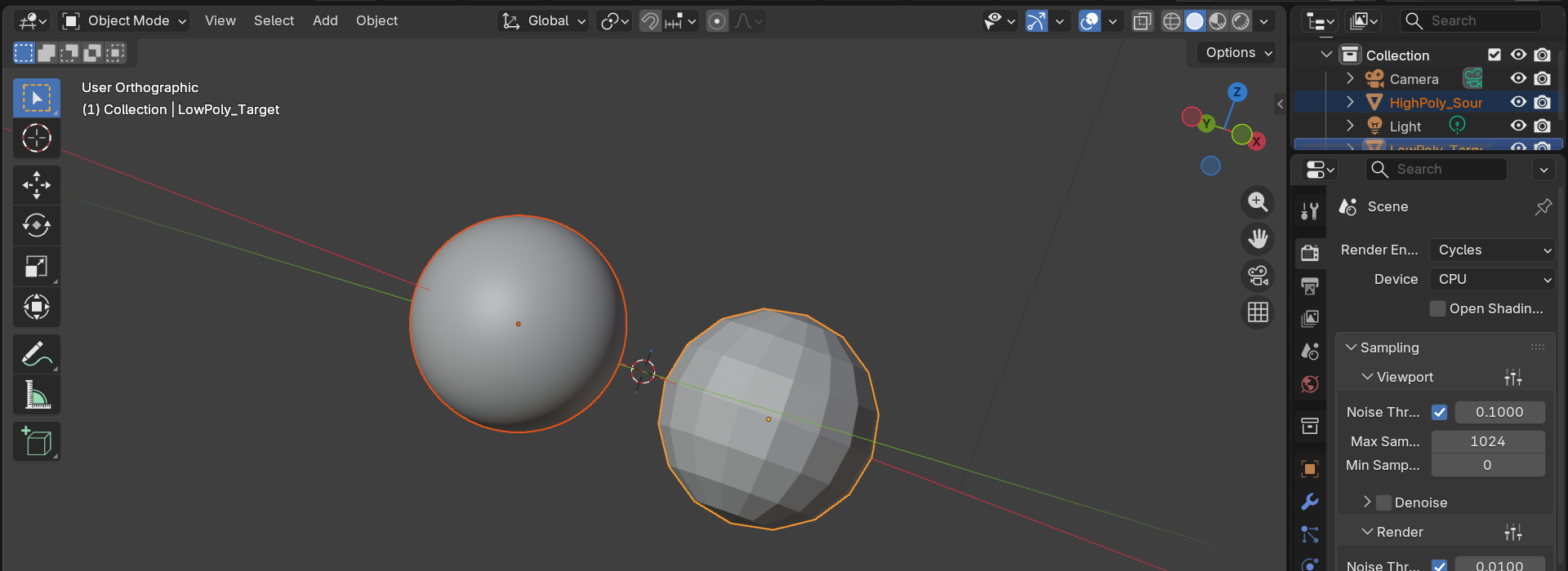 3D viewport with a smooth high-poly sphere and a faceted low-poly sphere both selected; the low-poly sphere has the brighter active outline, marking it as the bake target.
