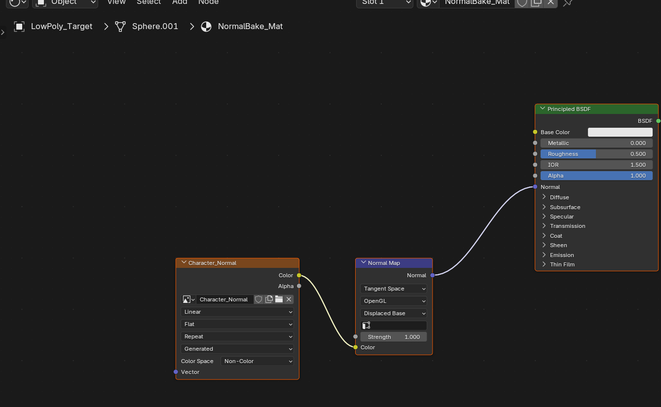 Shader Editor node chain: an Image Texture node holding the baked normal map connects through a Normal Map node into the Principled BSDF Normal input, with the texture Color Space set to Non-Color.