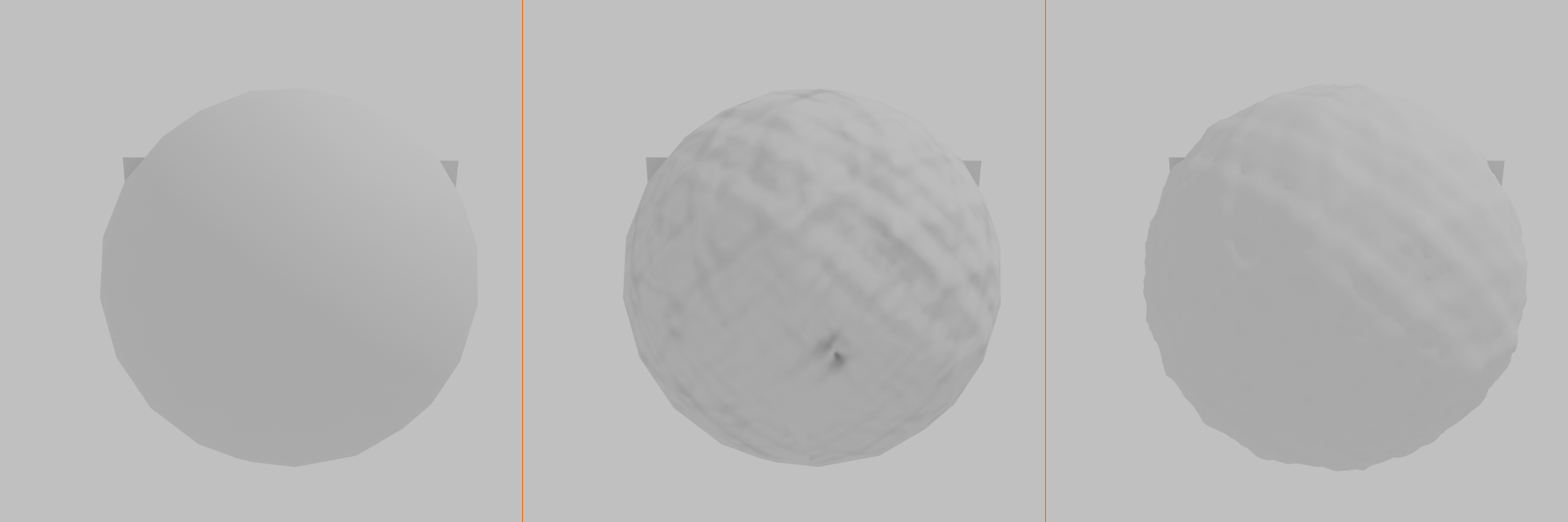 Three-panel comparison of baking results: the bare low-poly sphere, the same low-poly sphere with the baked normal map applied, and the high-poly source sphere.
