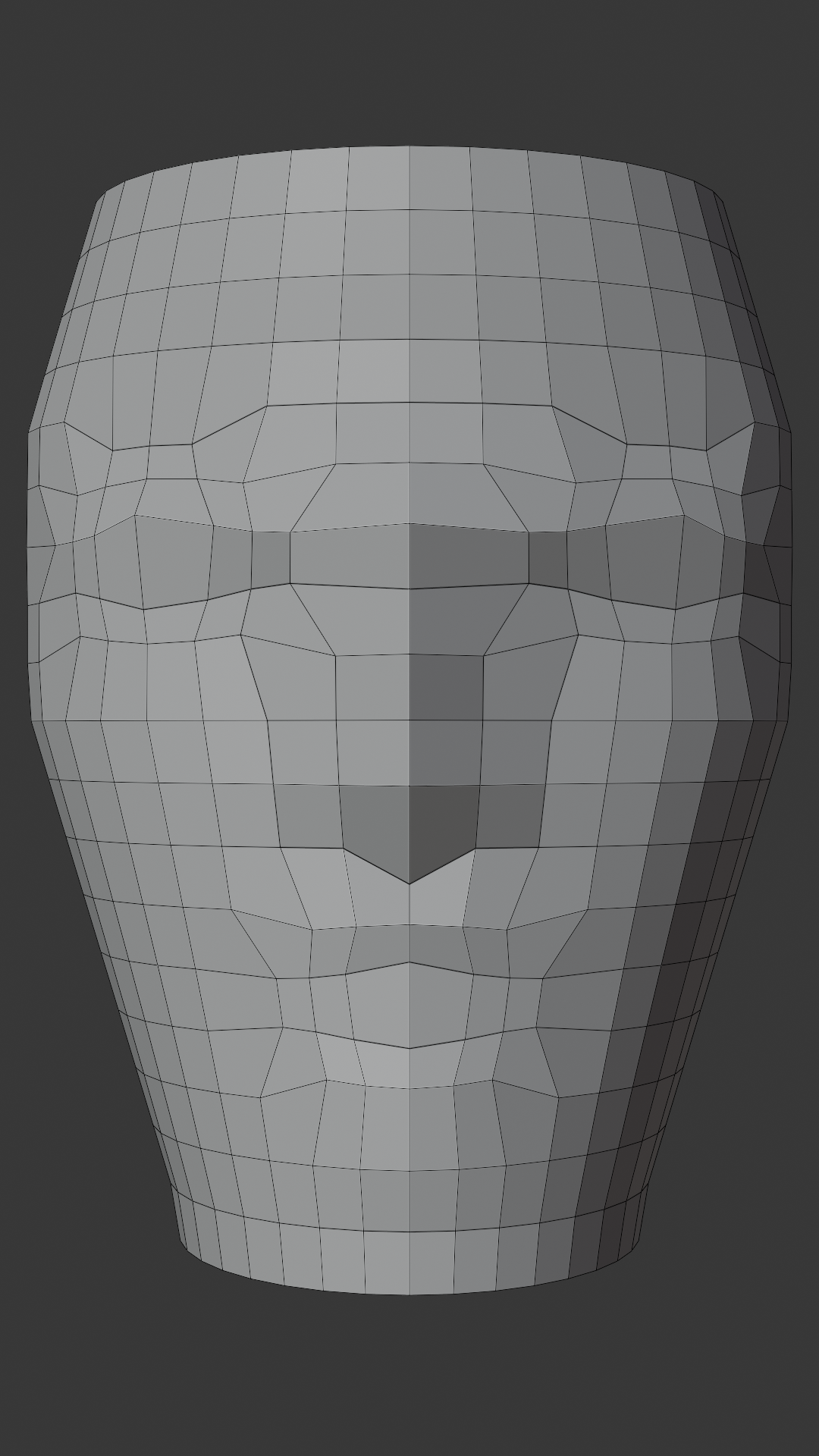 Front portrait of the same head base mesh, read straight on: concentric edge loops circle both eyes, radial loops flow down the nose, and a loop band wraps the mouth, all mirrored across the centerline.