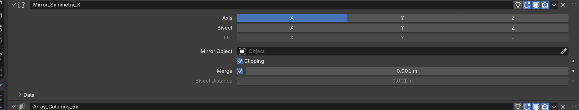 Blender Properties editor showing the Mirror Symmetry X modifier panel: the modifier name in the header, a row of visibility-toggle icons, and the Axis, Clipping, and Merge settings below.