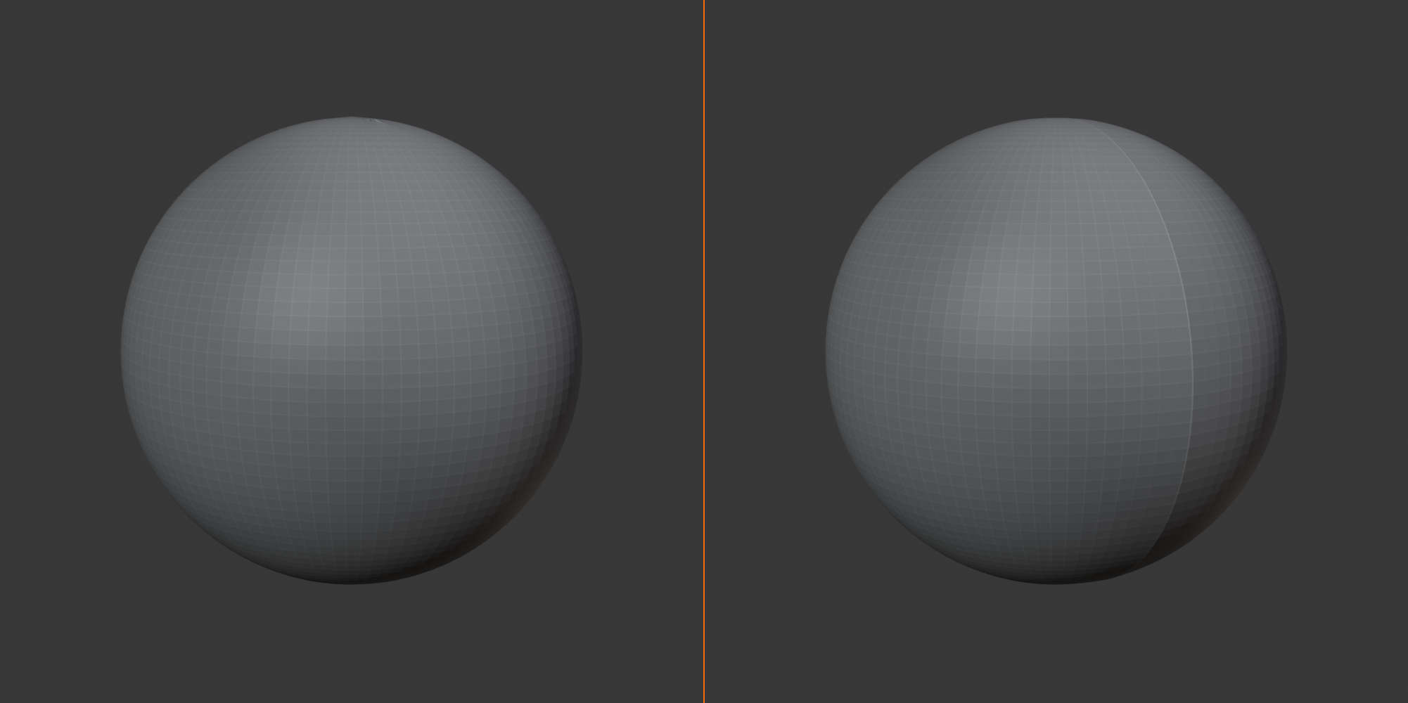 Two spheres compared side by side: the left, with Mirror applied before Subdivision, is smooth and seamless; the right, with Subdivision before Mirror, has a visible seam down the center.