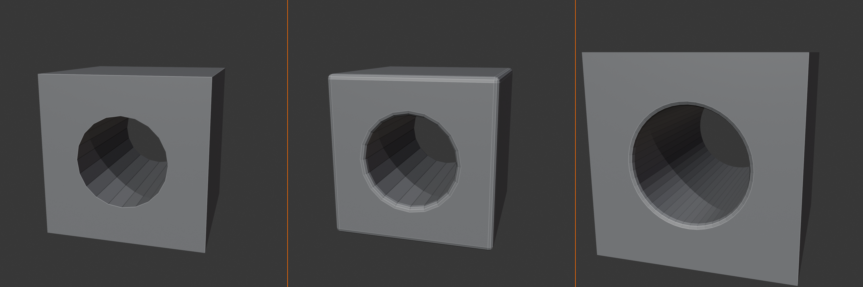 Three panels of a Boolean-cut block: the first with a sharp faceted bore, the second with the bore edges beveled, the third with a clean smooth circular bore.