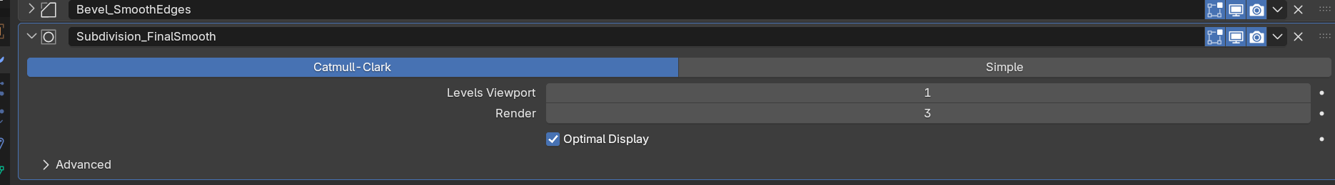 Subdivision modifier panel showing separate Levels Viewport set to 1 and Render set to 3.