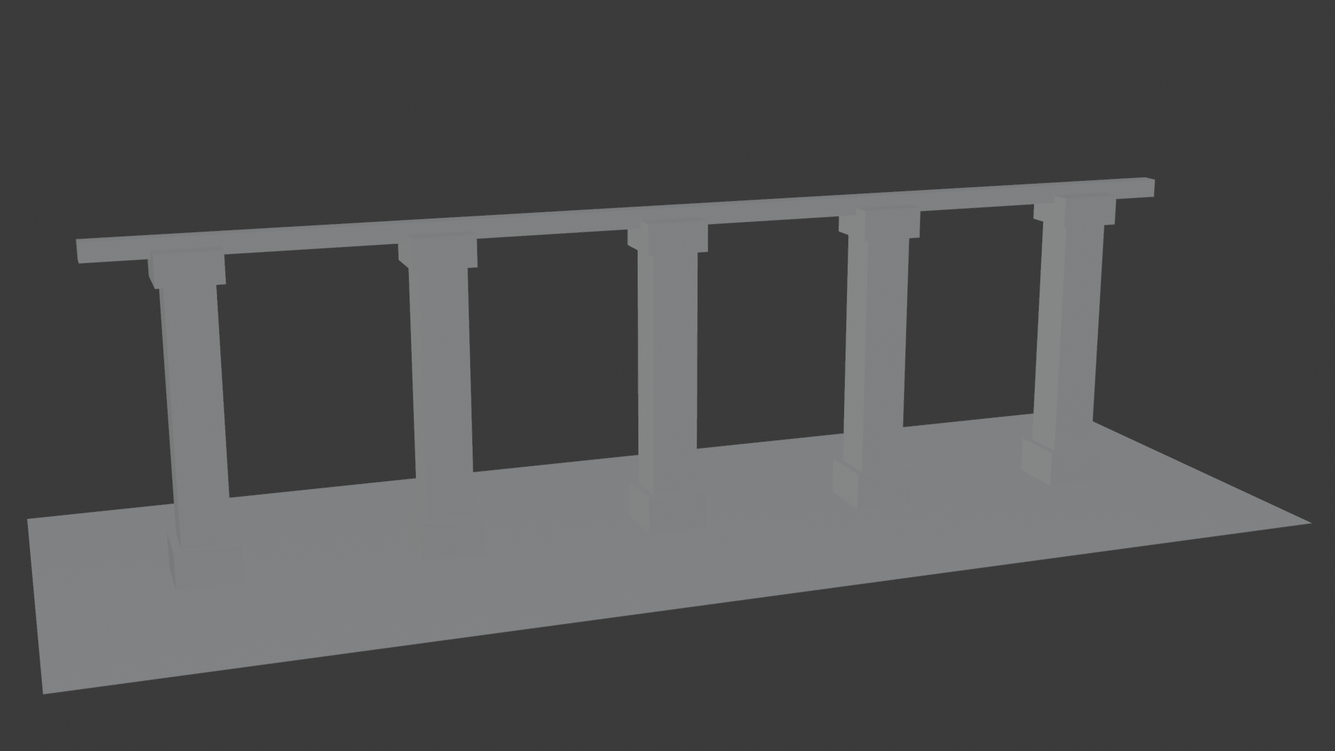 A half-post completed by a Mirror modifier, then repeated by an Array modifier into a row of five evenly spaced posts joined by a top rail.