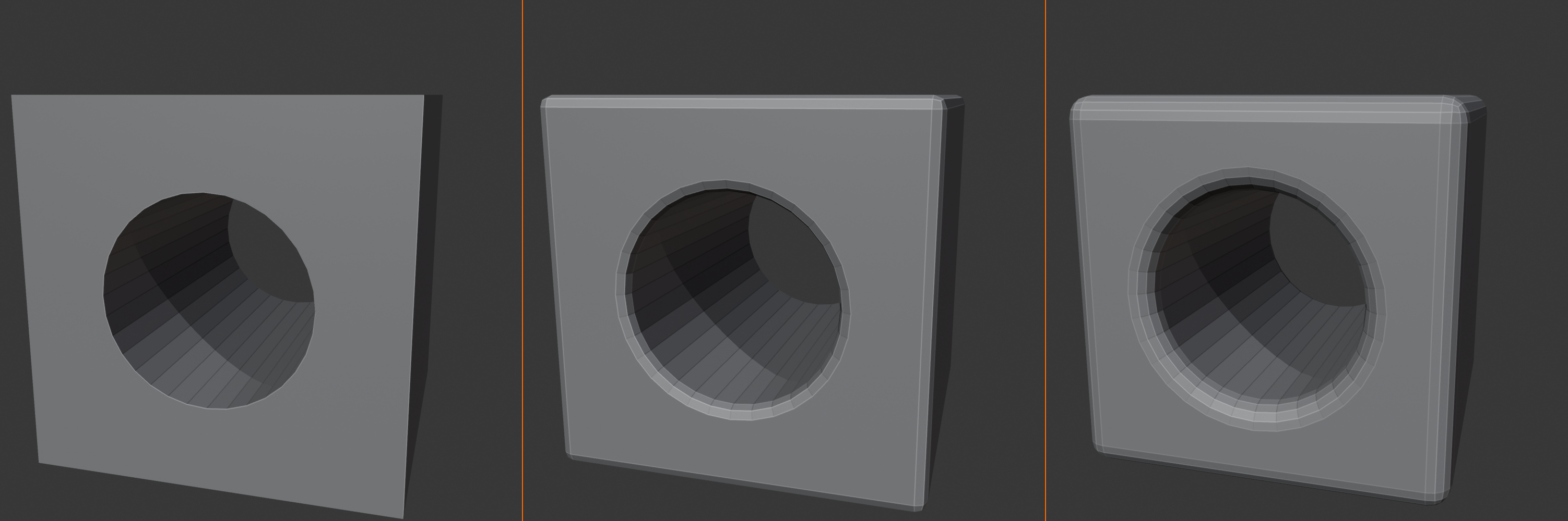 Three stages of a panel: a raw Boolean cutout with sharp edges, the same cut with a Bevel rounding the bore, and the finished smoothed form.