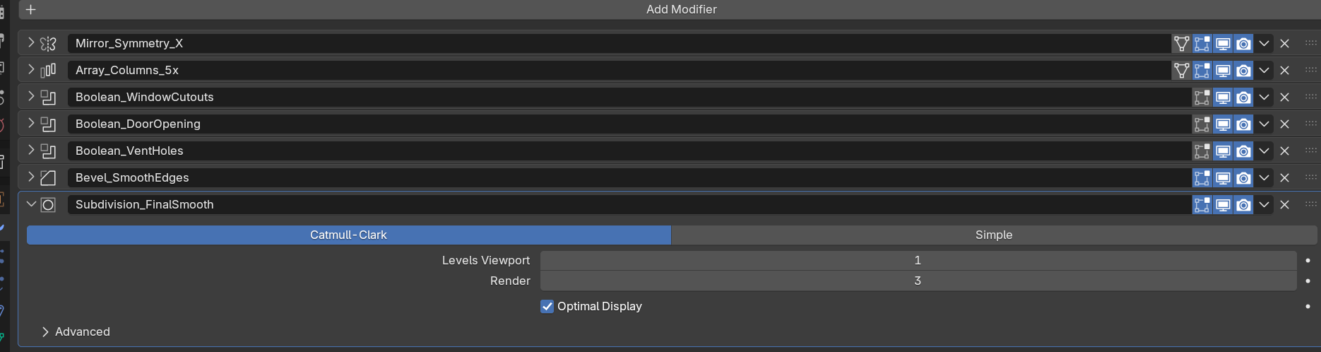 A modifier stack where every modifier carries a descriptive name such as Mirror Symmetry X and Array Columns 5x instead of Blender's default names.