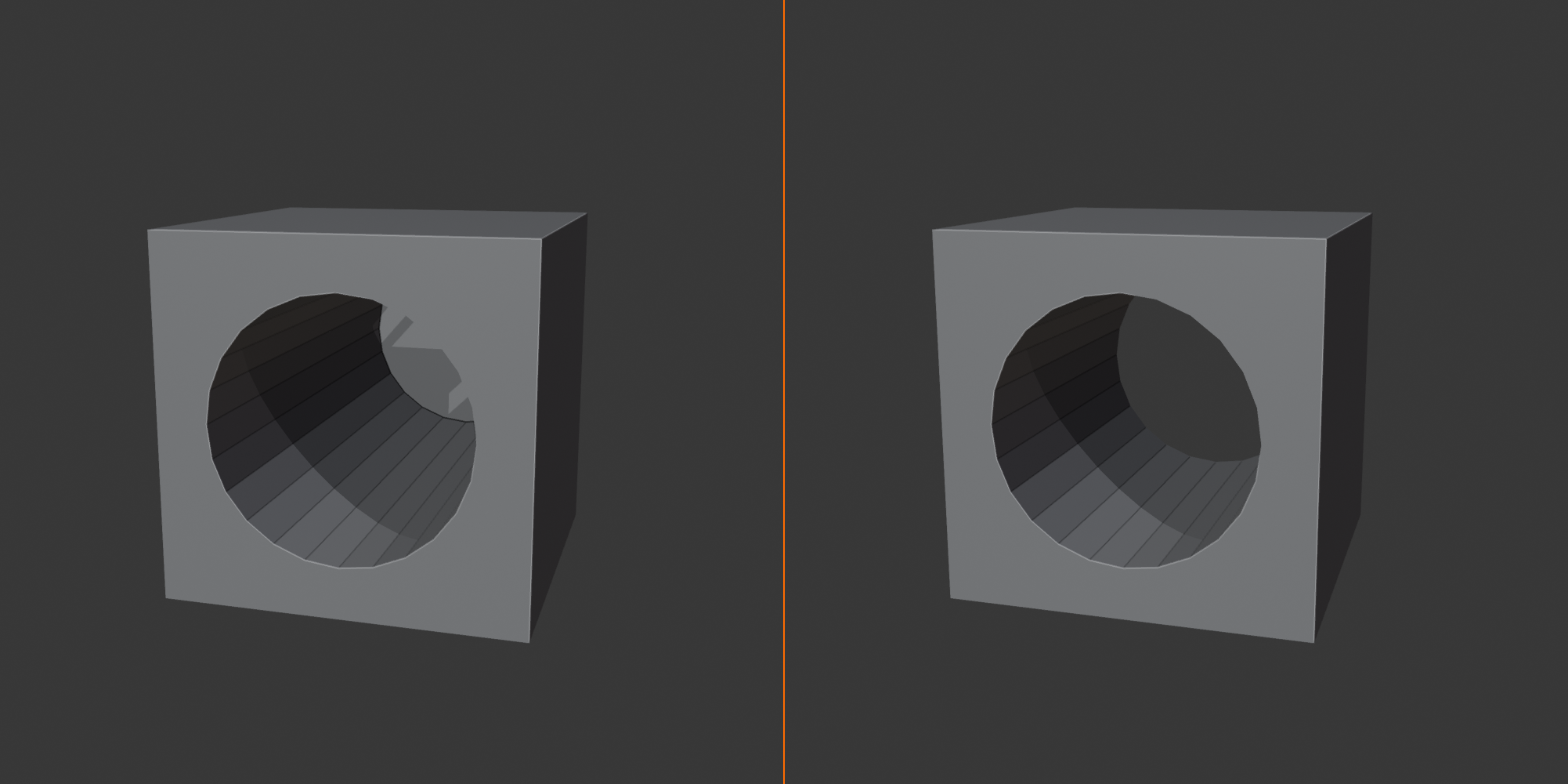 Boolean solver comparison, FLOAT artifacts on the left versus an EXACT clean cut on the right.