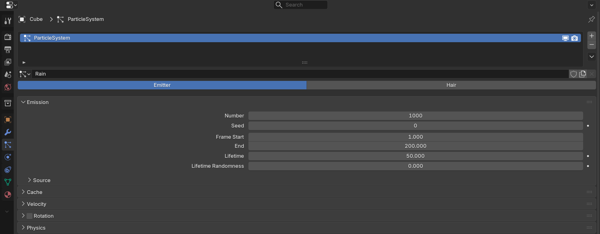 Blender Particle System Properties panel: the system list at top, the Emitter/Hair type toggle, and the Emission settings block with Number, Seed, Frame Start/End, and Lifetime.