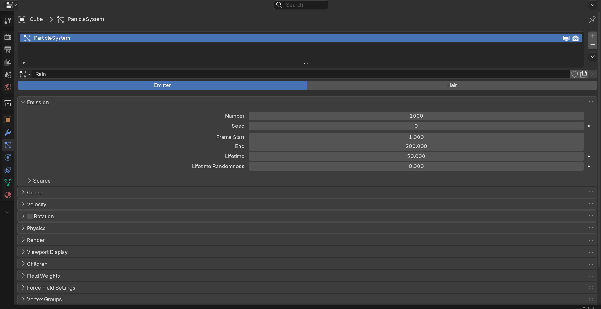 Full-height Particle System Properties panel showing the complete section roster: Emission (open) then collapsed Source, Cache, Velocity, Rotation, Physics, Render, Viewport Display, Children, Field Weights, Force Field Settings, and Vertex Groups.