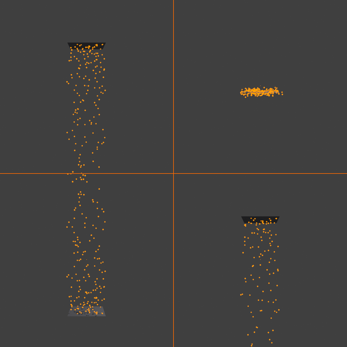 A two by two grid of the same emitter at four gravity settings: 1.0 falls steadily, 0.0 floats in place, negative 1.0 rises upward, and 2.0 falls fast.