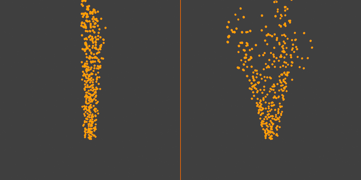 Two emitter streams compared: a low-turbulence column stays tight and nearly straight, while a high-turbulence stream fans out into a wide chaotic plume.