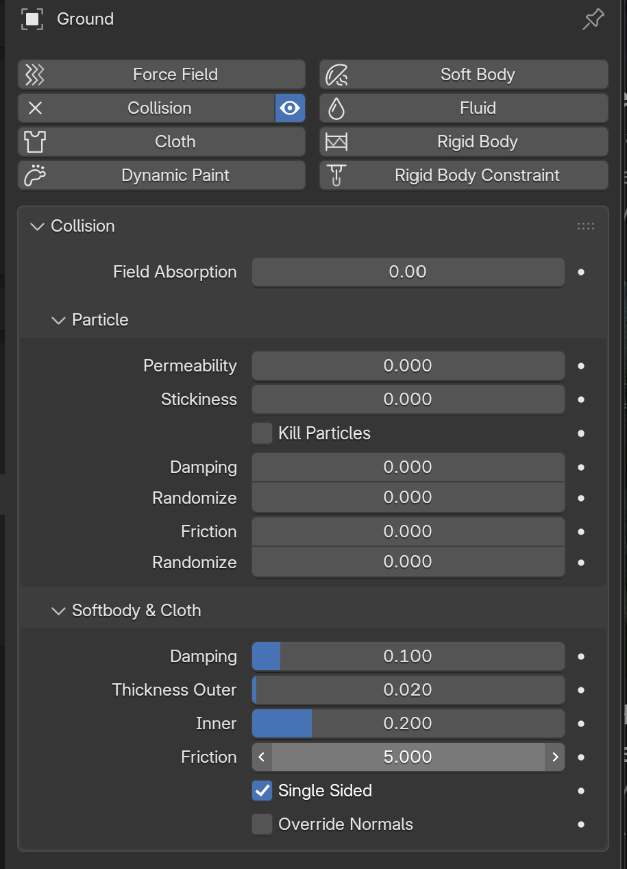 The particle Collision physics panel on a Ground object, with the Collision button enabled, the Particle settings subsection expanded showing Permeability, Stickiness, Damping and Friction, and the Kill Particles checkbox highlighted.