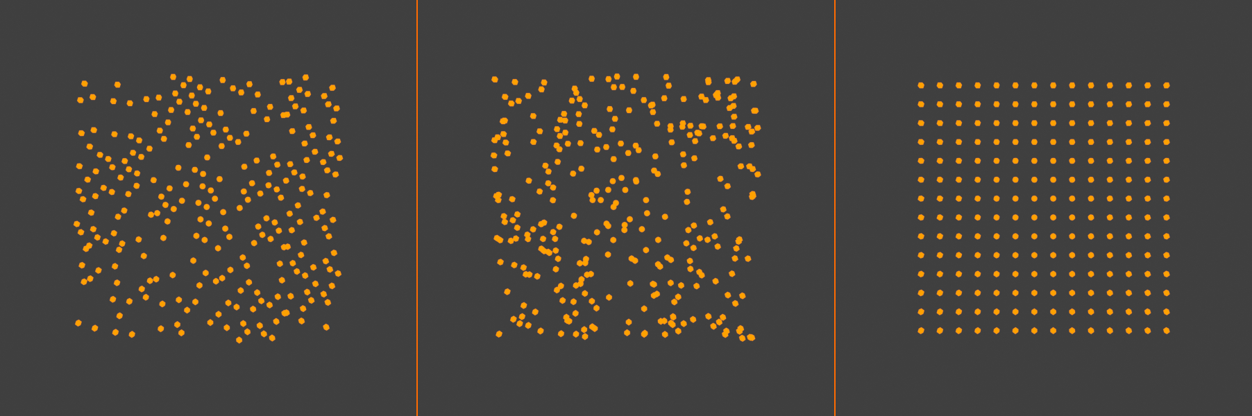 Three top-down emitter panels comparing distribution modes: Jittered scatters particles evenly with faint underlying order, Random produces visible clumps and gaps, and Grid lays particles in a perfect lattice.
