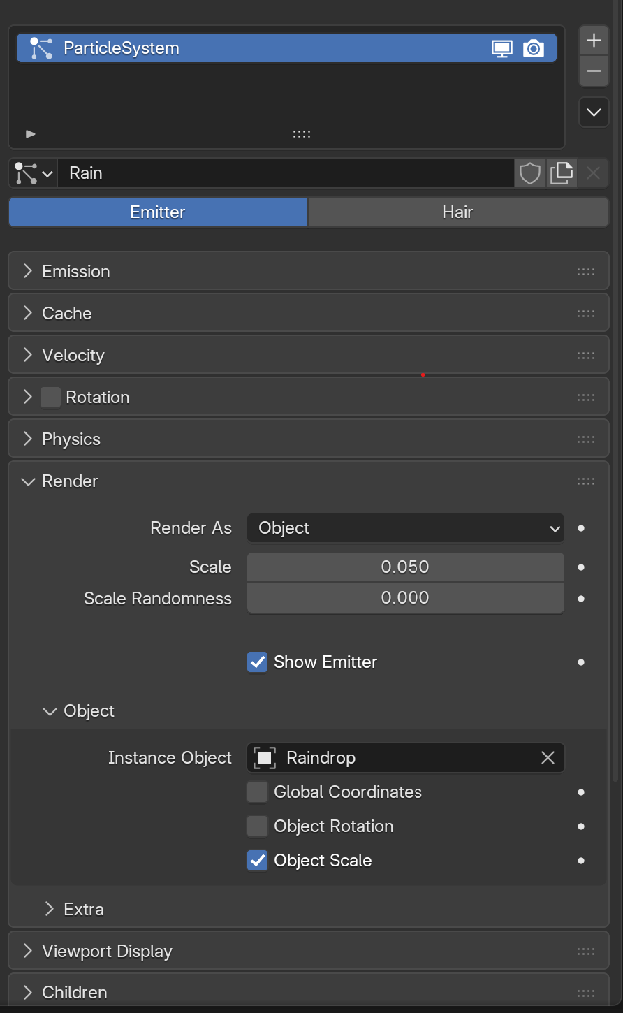Particle Render properties with Render As set to Object, the Instance Object field set to Raindrop, and the Object Scale checkbox enabled.