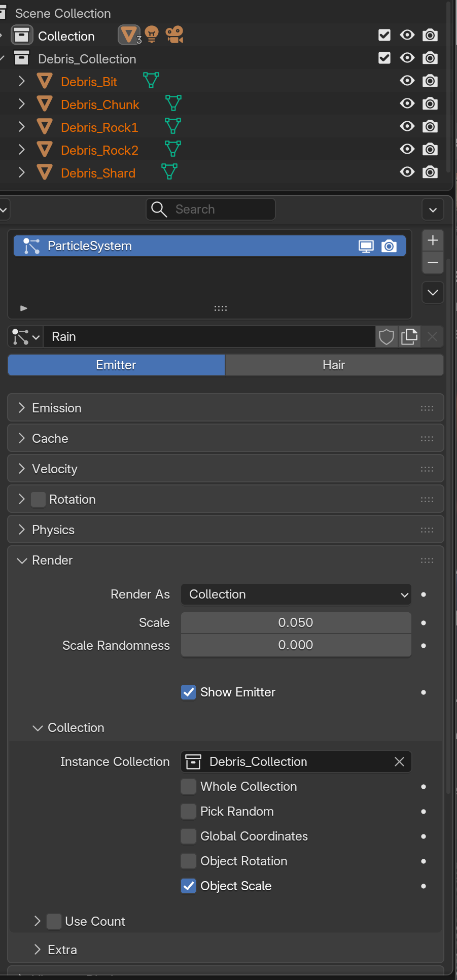Outliner showing Debris_Collection with five member objects, alongside particle Render properties with Render As set to Collection and Instance Collection set to Debris_Collection.