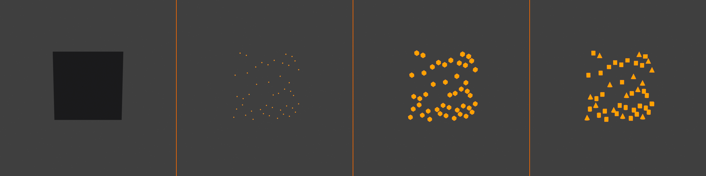 Four-panel comparison of particle render types: None shows only the emitter mesh, Halo shows small glowing points, Object shows instanced spheres, and Collection shows mixed instanced shapes.