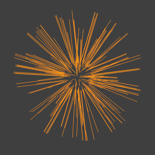 A radial starburst of glowing orange strands bursting outward from a central point, demonstrating path rendering.