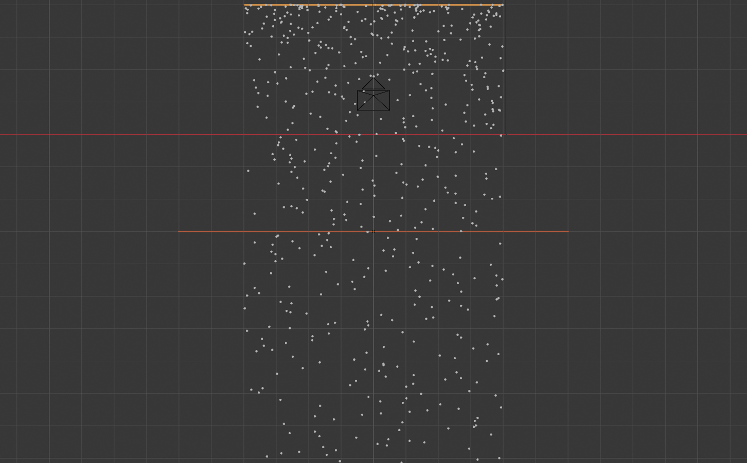 Viewport view of a rain particle system: hundreds of small white particle dots falling in a continuous column from an emitter plane through the scene, with the 3D grid and axis lines visible behind them.