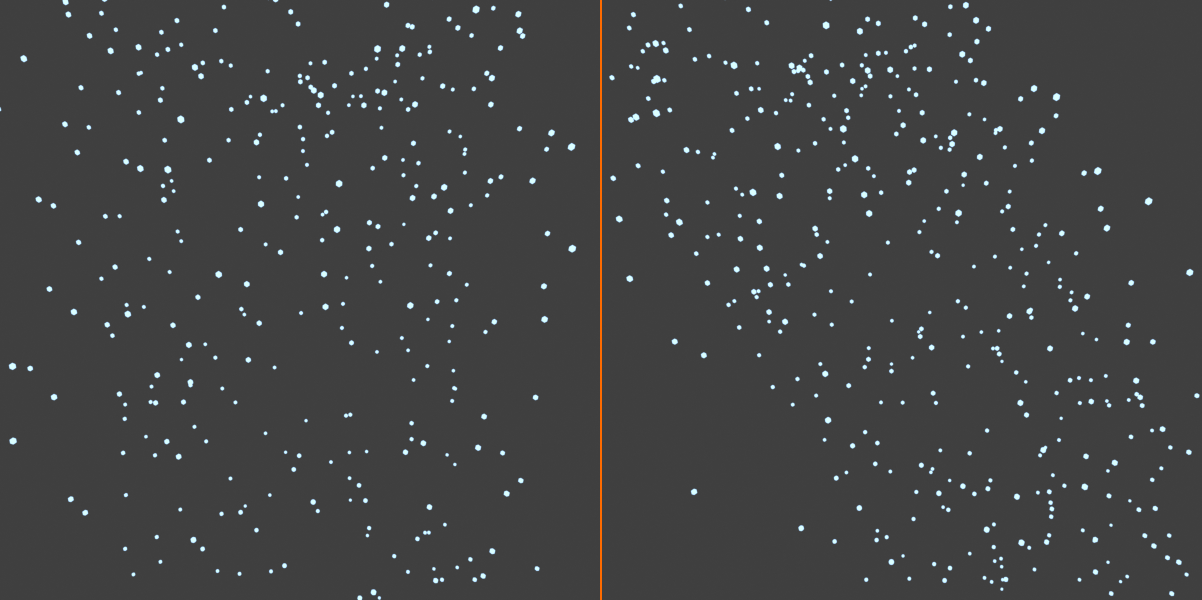Two-panel comparison of rain falling without wind versus rain slanted by a wind force