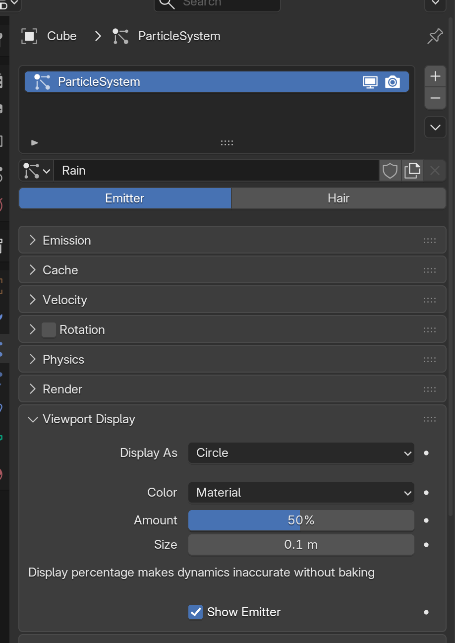The expanded Viewport Display subpanel of a particle system, with Display As set to Circle, Color set to Material, Amount at 50 percent, Size 0.1m, and Show Emitter enabled.