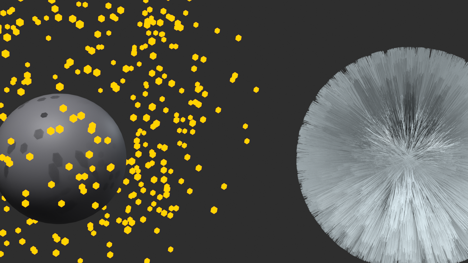 Side-by-side comparison: a sphere emitting free-flying particles on the left versus a sphere covered in surface-rooted hair strands on the right.