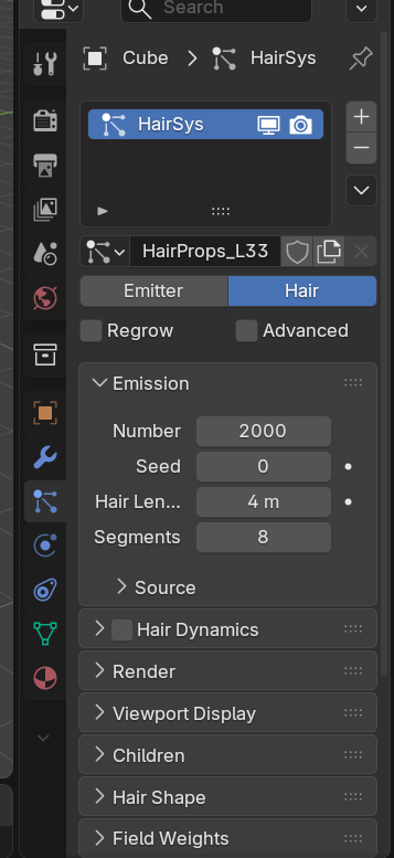 The Particle Properties panel with a hair system: Type set to Hair, Number, Hair Length and Segments fields, and the Emission section expanded.