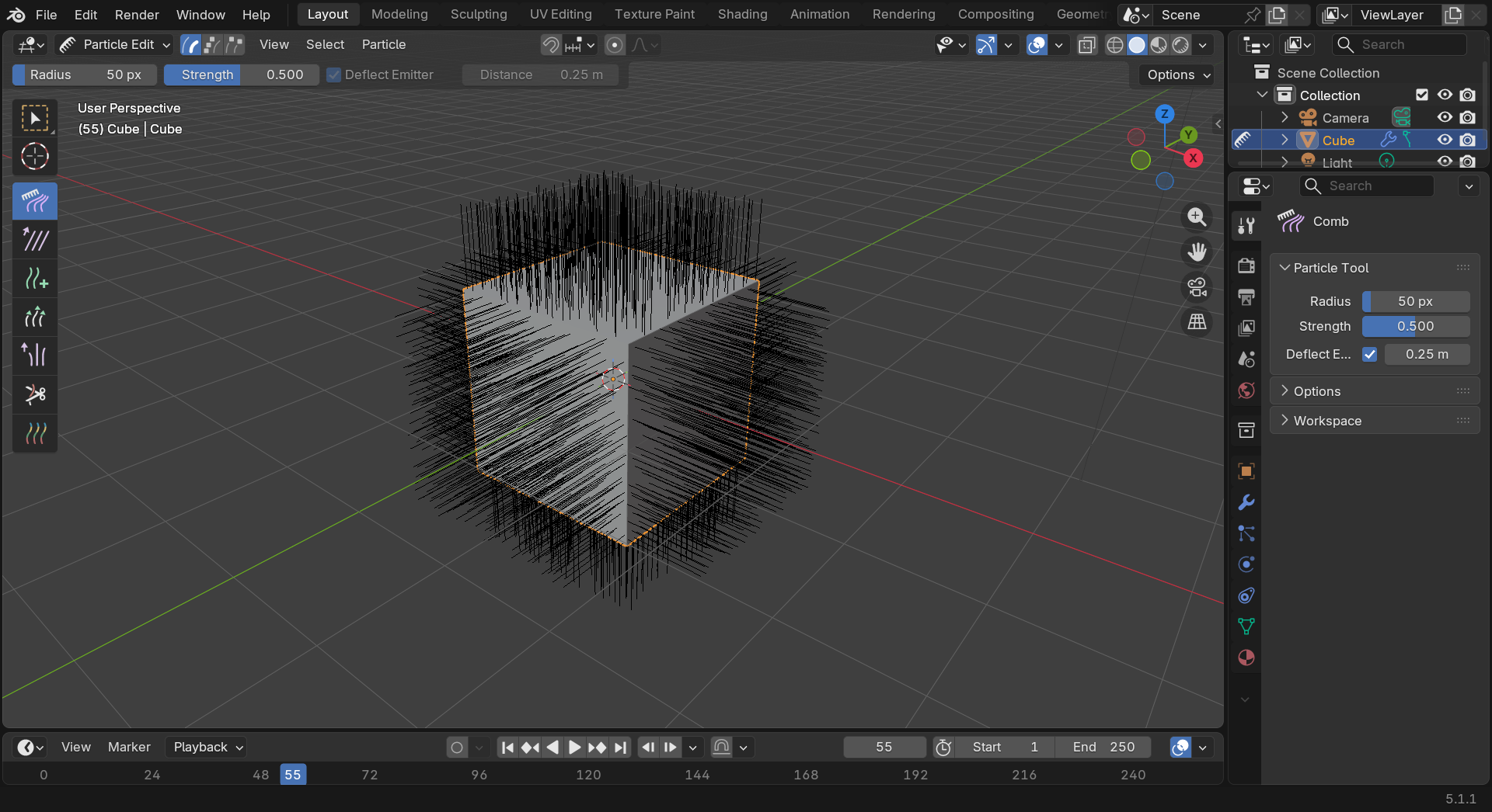 Blender in Particle Edit mode: a grooming toolbar on the left with Comb active, a Particle Tool panel showing brush Radius and Strength, and a fur-covered emitter in the viewport.