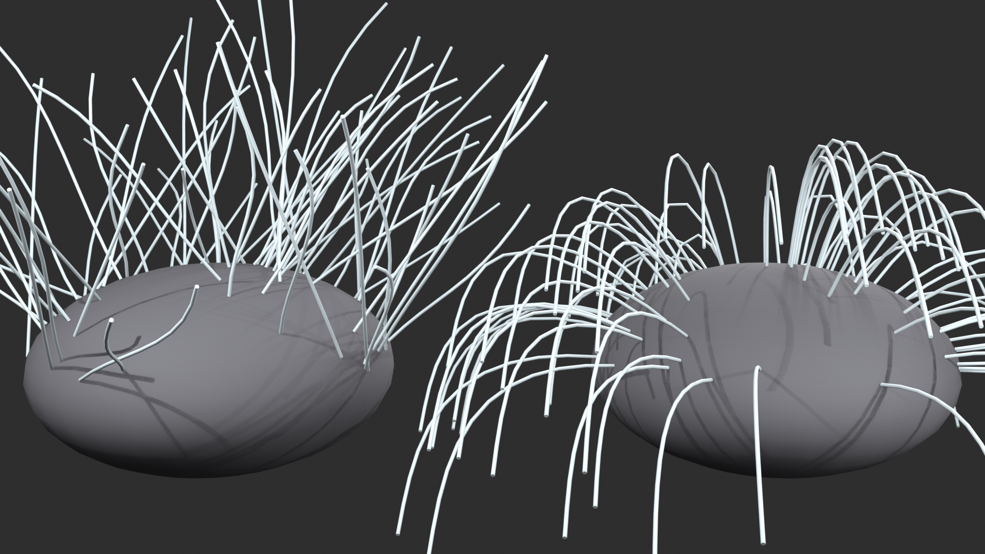 Two panels of the same hair: on the left it is messy and undirected, on the right it has been combed into a smooth flowing direction.