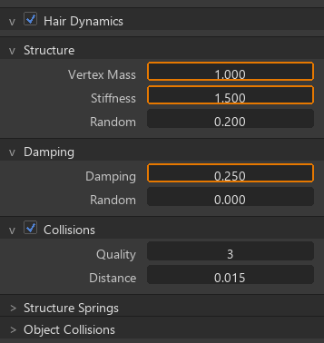 The Hair Dynamics panel with Structure (Mass, Stiffness, Random), Damping, and Collisions settings.