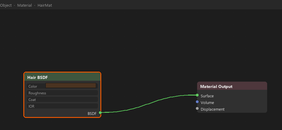 Hair BSDF node connected to Material Output in the shader editor