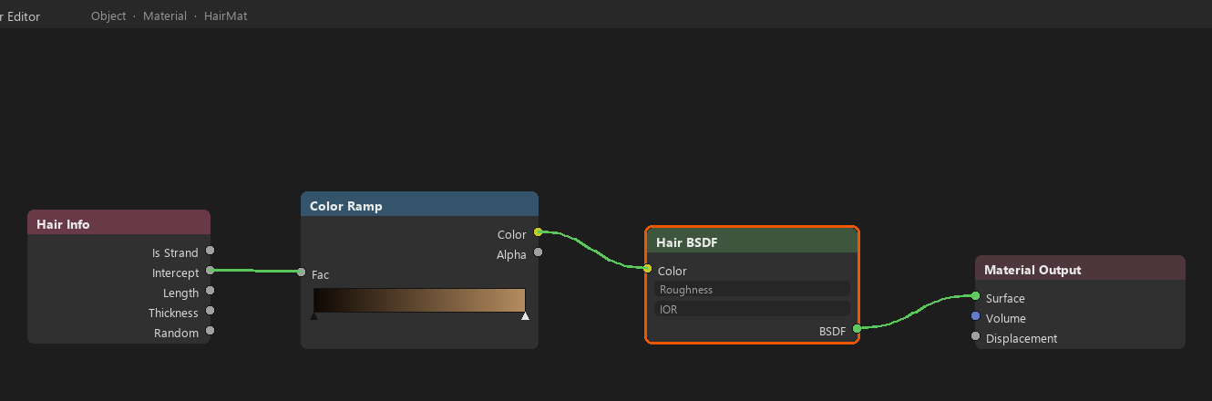Color Ramp driven by Hair Info Intercept feeding the Hair BSDF color